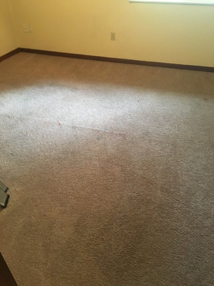 An empty room with a carpeted floor and a window.