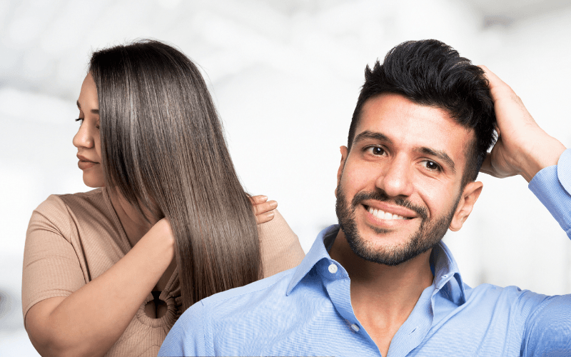 Hombre y mujer con cabello abundante y saludable