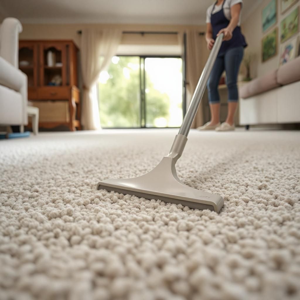 closeup image of woman cleaning carpet in a multi family apartment building