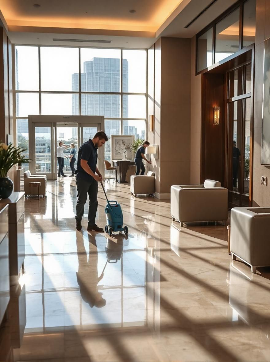 Experts cleaning hotel floor