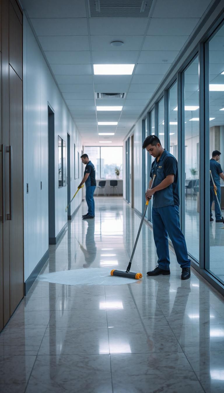  a team of professional cleaners in action, using high-tech cleaning equipment to maintain the sparkling cleanliness of the space. 