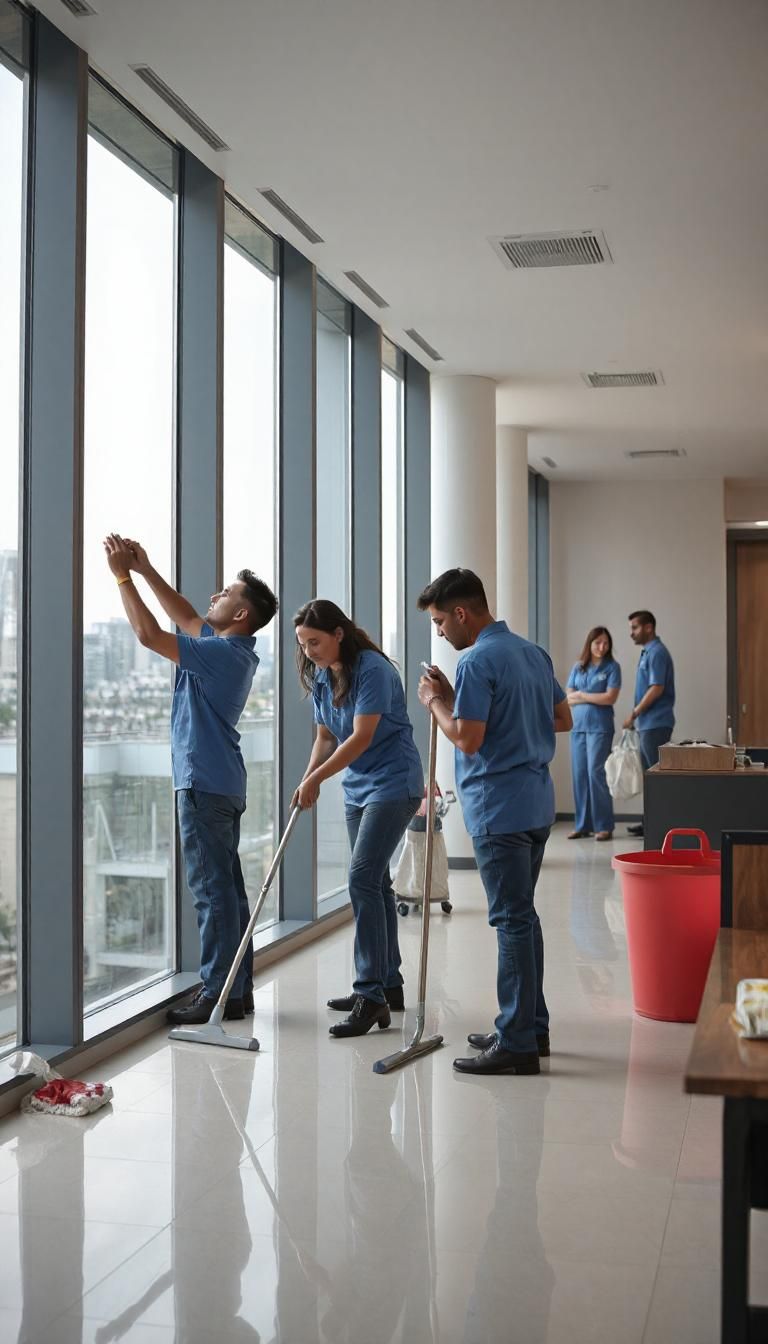 A team of professional cleaners  cleaning the window of government building