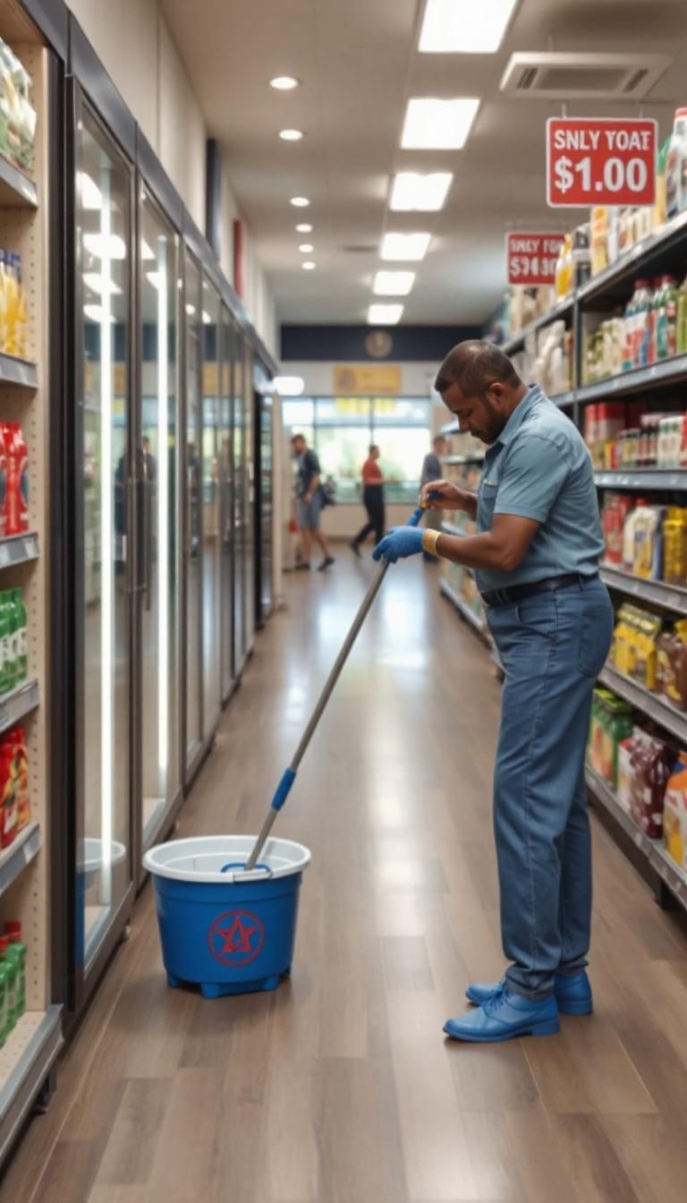 A team of professional cleaners  cleaning the floor in super market