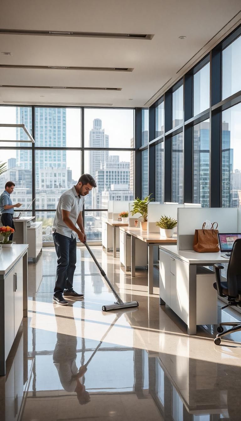  a team of professional cleaners in action, using high-tech cleaning equipment to maintain the sparkling cleanliness of the space. 