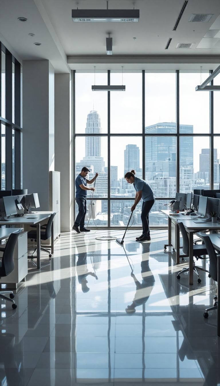 A team of professional cleaners  cleans office  floor