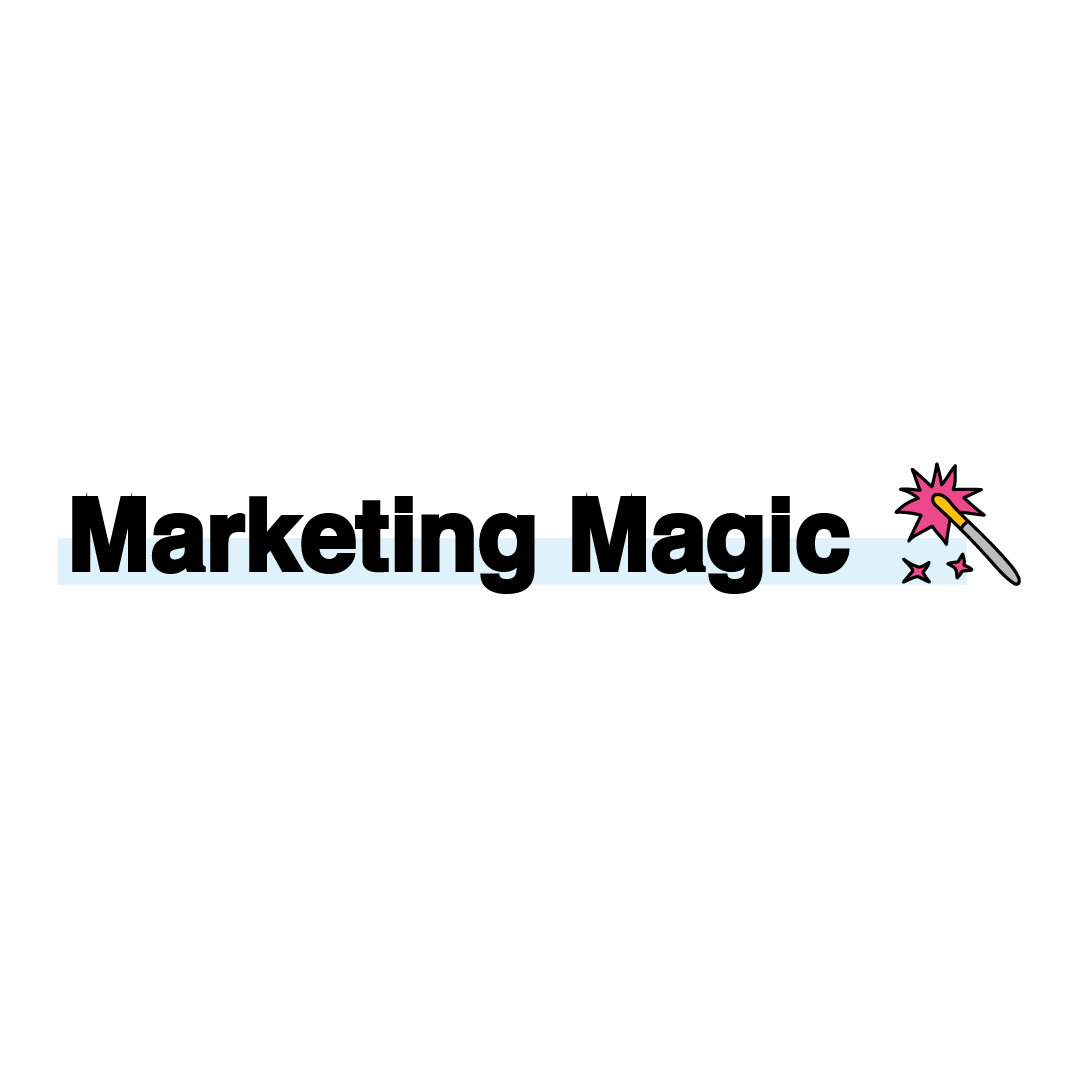 a logo for marketing magic with a magic wand and stars .