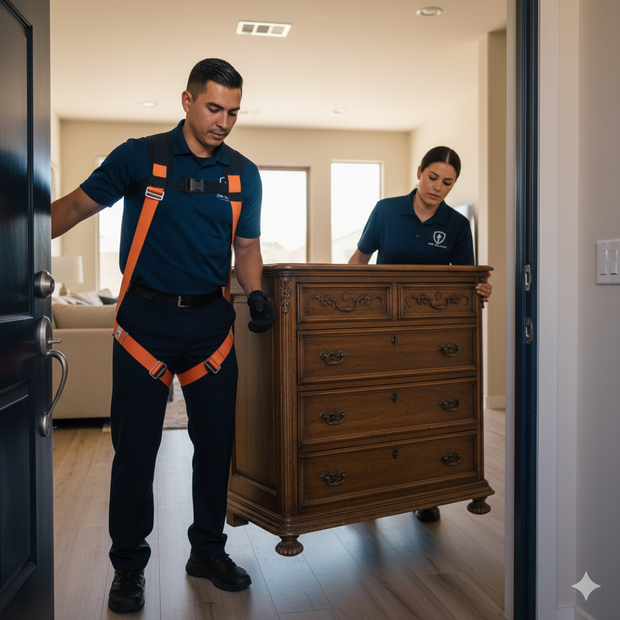 Two movers carrying a wooden dresser through a doorway. One wears a harness.
