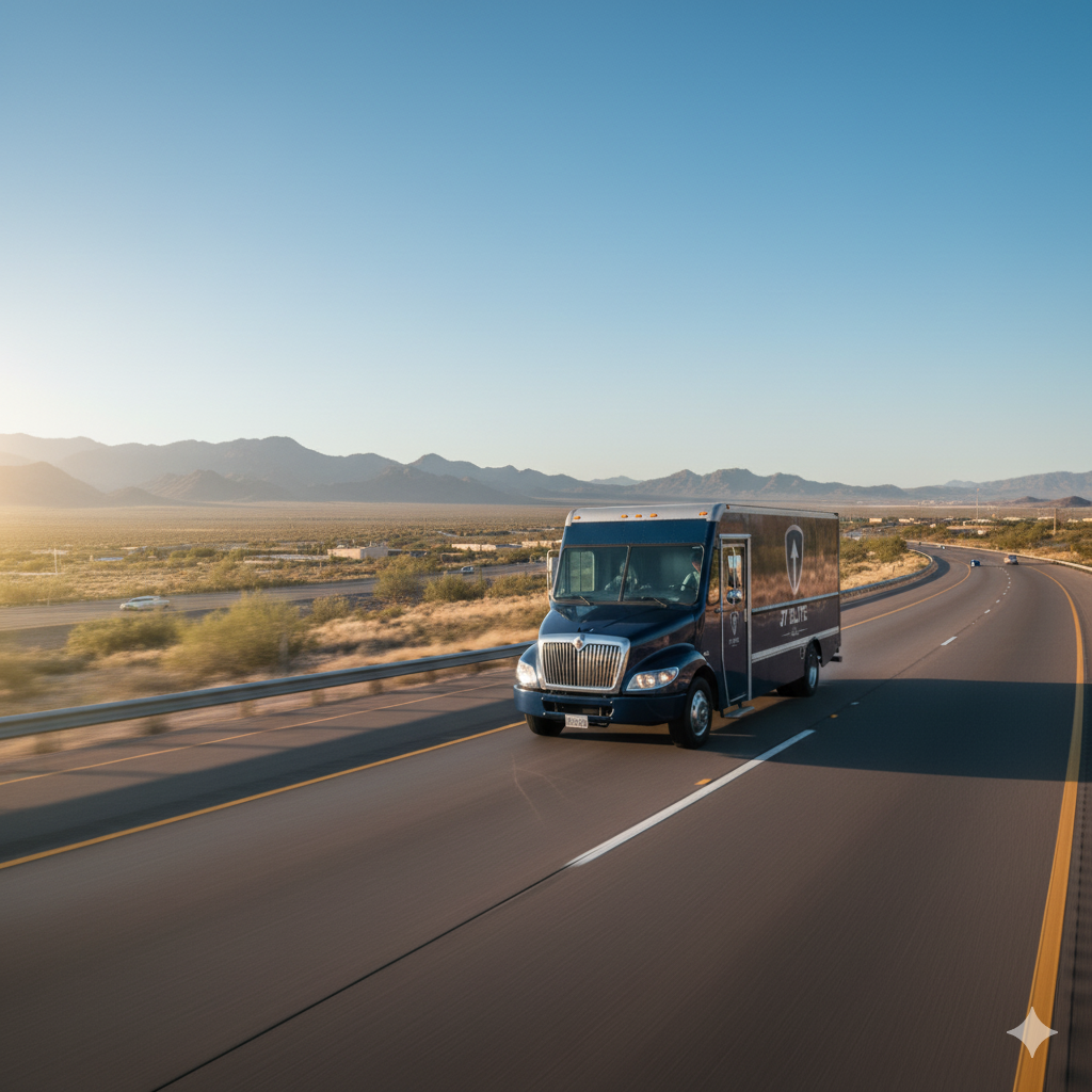 A dark delivery truck driving on a highway with mountains in the background under a blue sky.