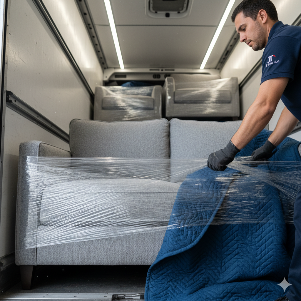 A mover wraps a sofa in plastic wrap inside a moving truck; two armchairs are in the background.
