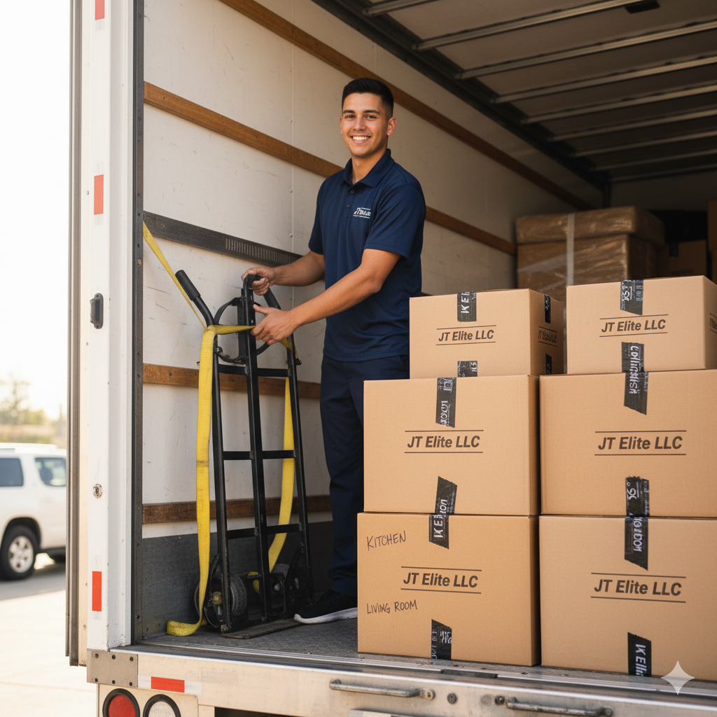 A smiling man in blue uniform loads boxes into a truck with a hand truck.