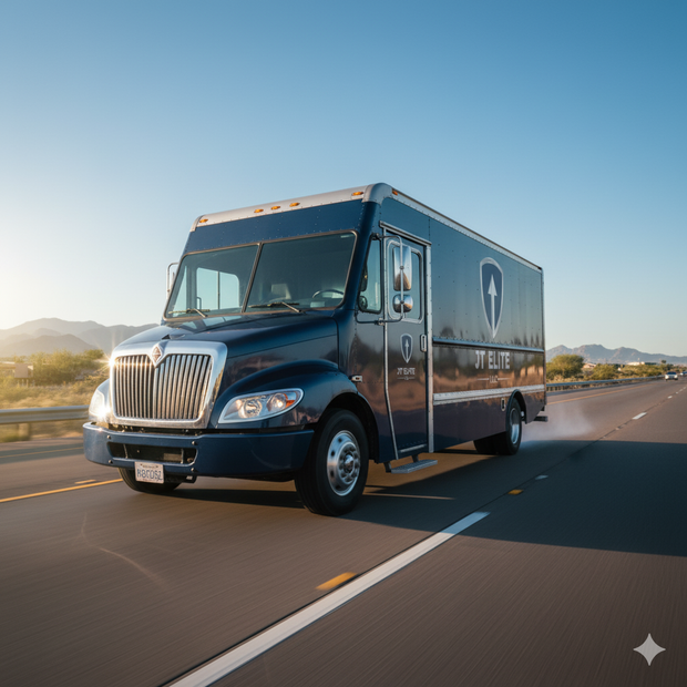 Dark blue delivery truck on a highway, logo on the side, dust trails, desert landscape.