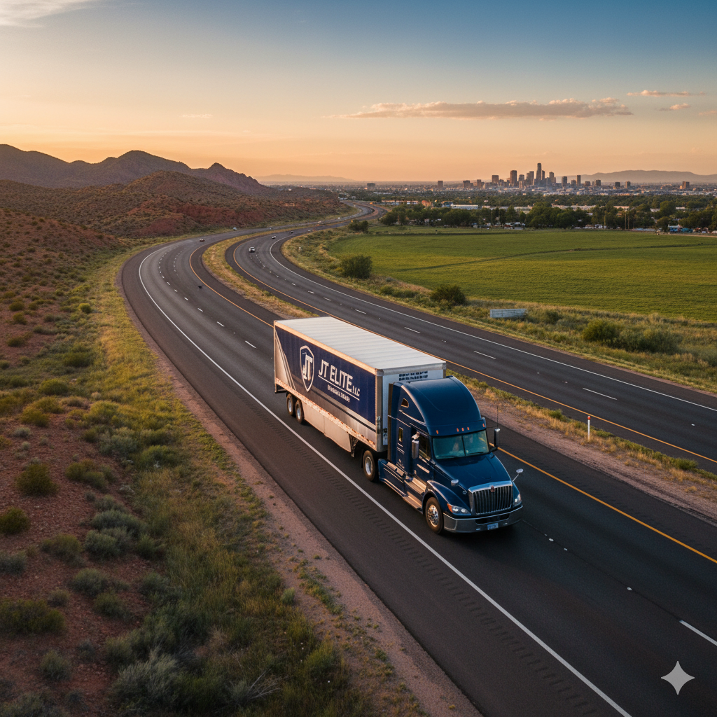 A semi-truck drives on a highway at dusk, mountains and a city skyline in the background.