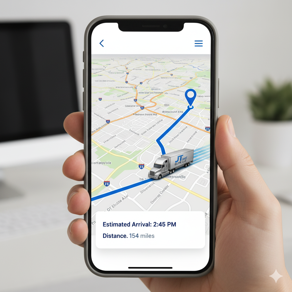 A person holding a phone displaying a map tracking a semi-truck's location with an estimated arrival time and distance.