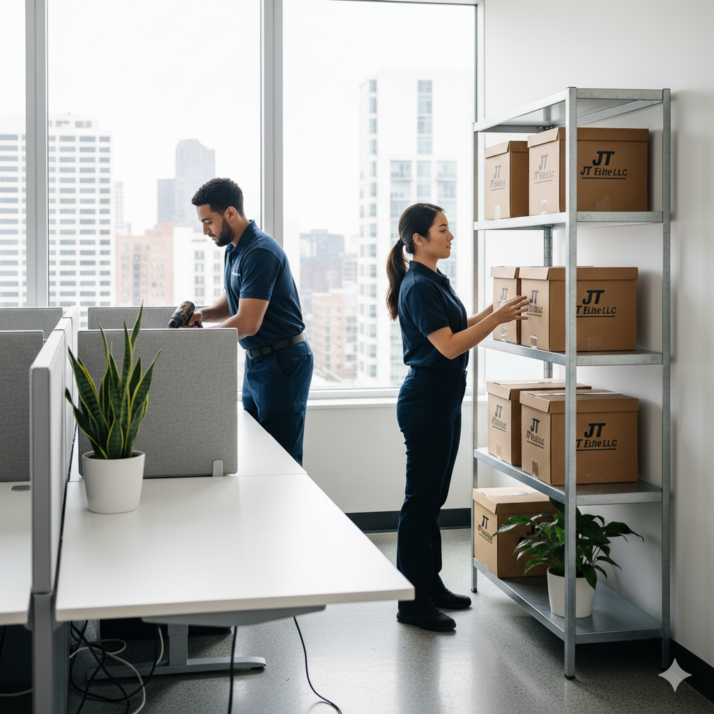 Two people in a modern office shelving boxes; man with a drill, woman placing a box.