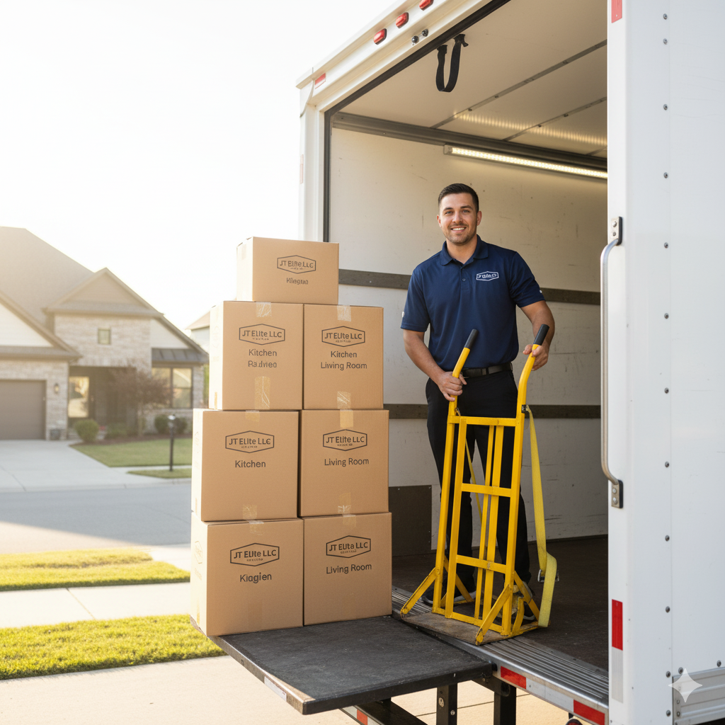 Smiling mover stands with a hand truck beside a stack of boxes in a truck's open doorway. Sunlight bathes the scene.