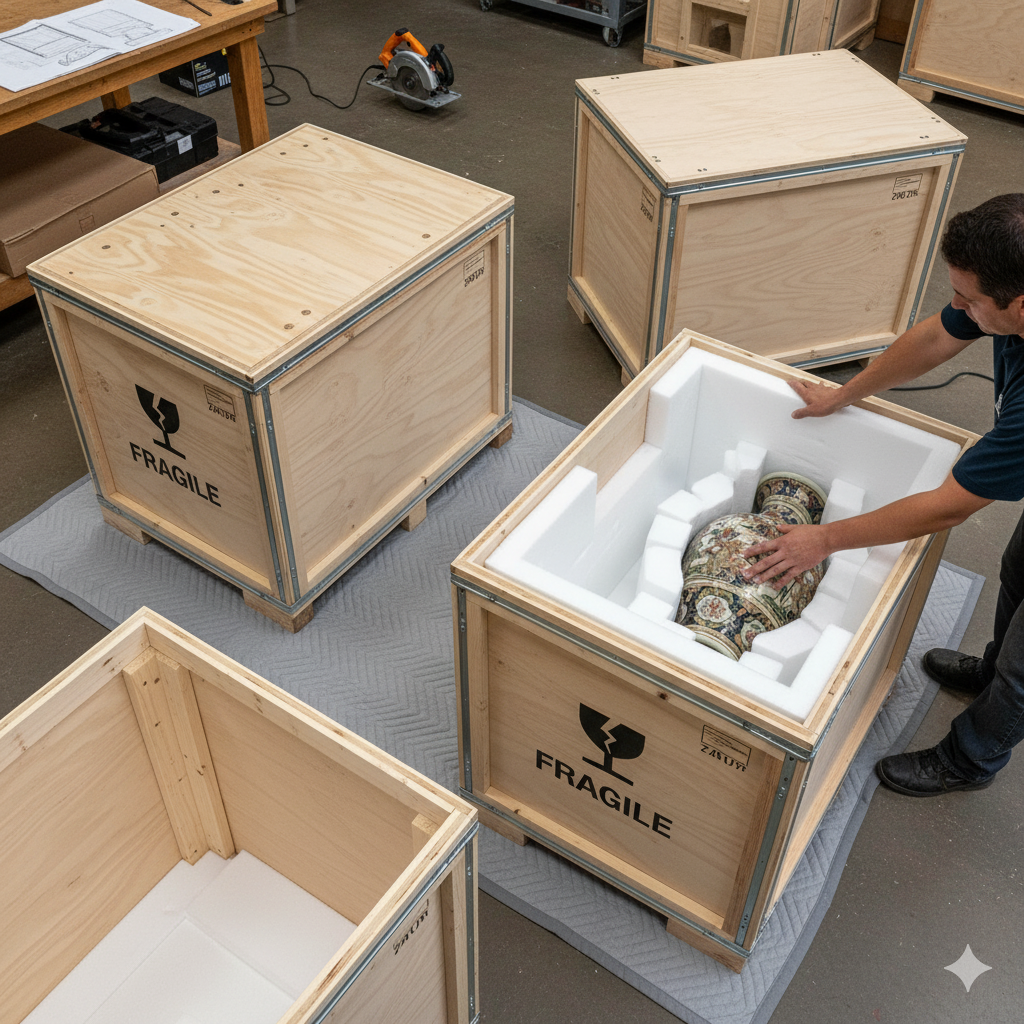 Man packing a vase in a crate with foam padding. Several wooden crates in a workshop.