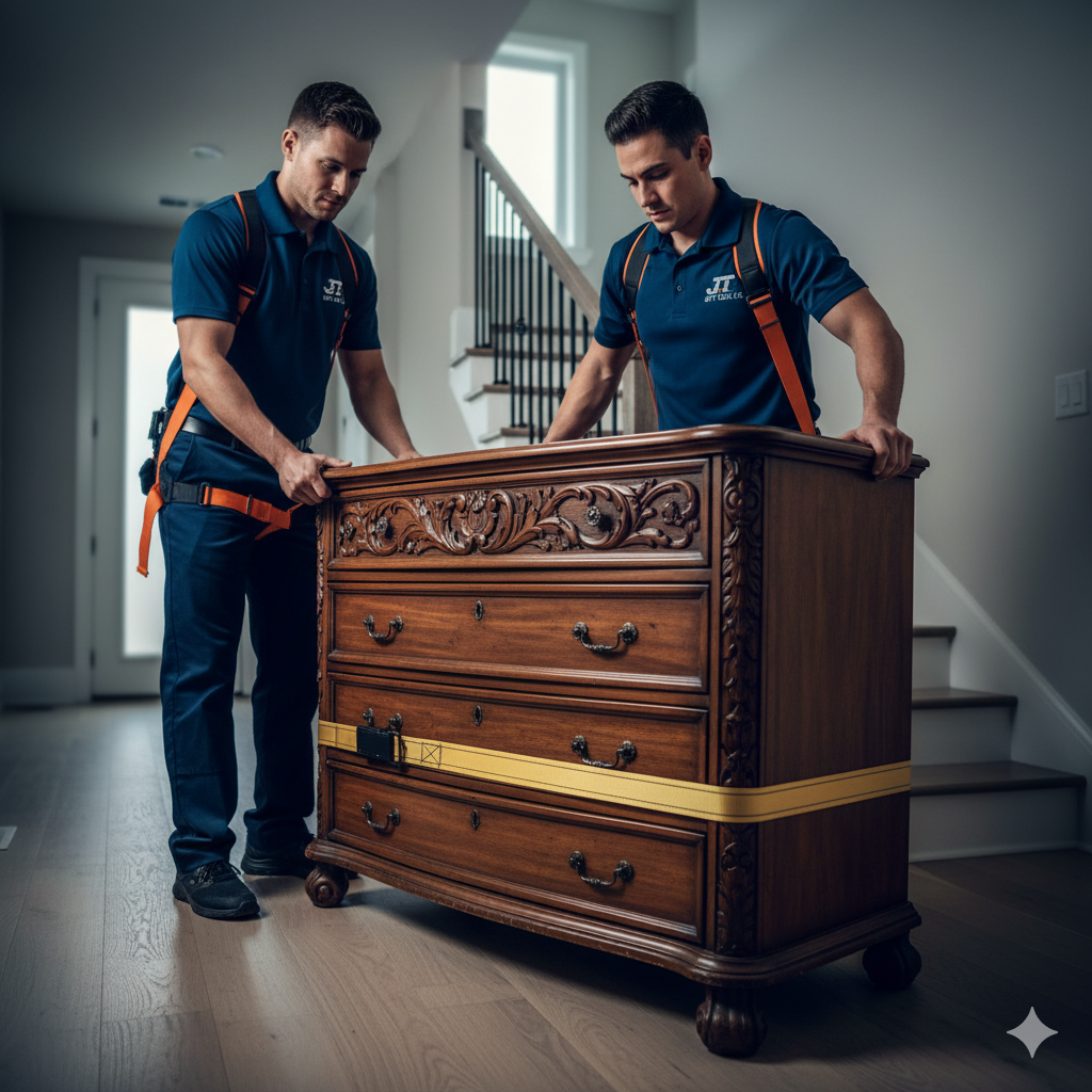 Two movers lift a brown dresser down a hallway, wearing harnesses.