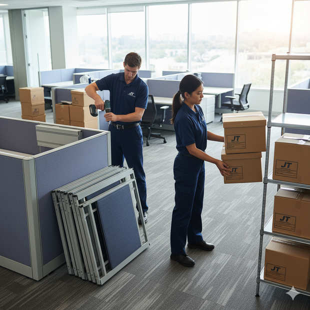 Two movers in blue uniforms pack boxes in an office with cubicles.
