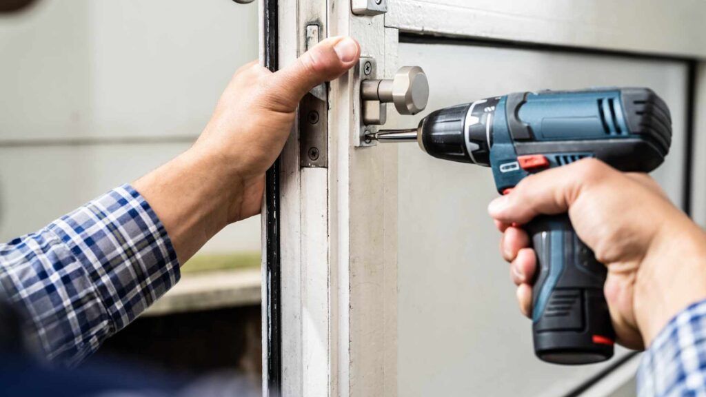A man is using a drill to fix a door lock.