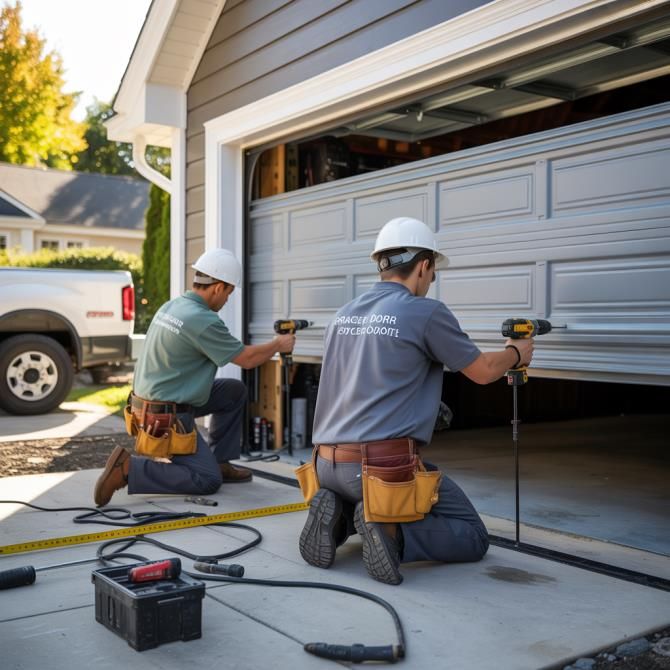Two workers in hard hats repairing a garage door with power tools outdoors.