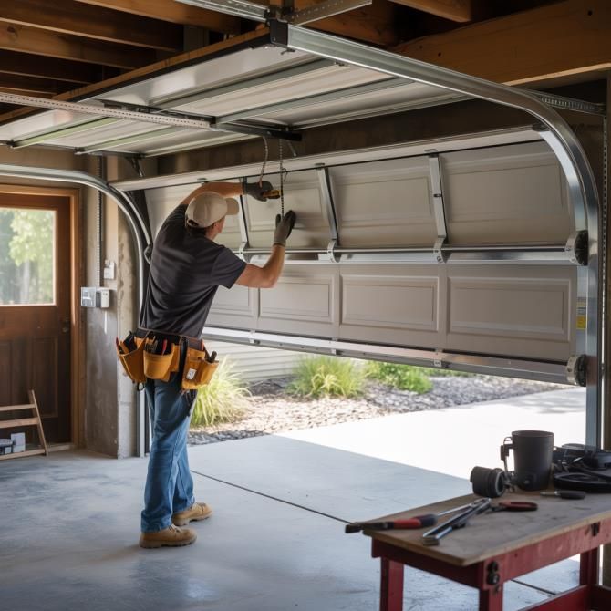 Person in a garage fixing a white garage door, wearing tool belt and looking up.