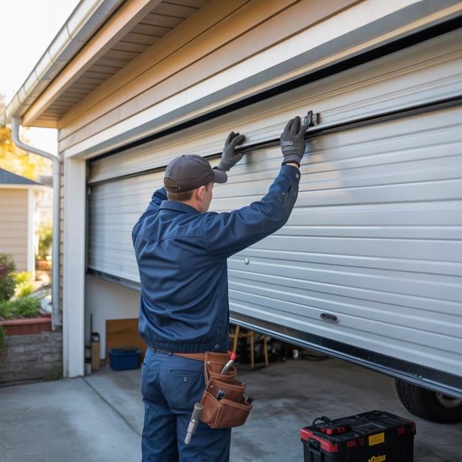 Man in blue jumpsuit working on a partially open garage door.