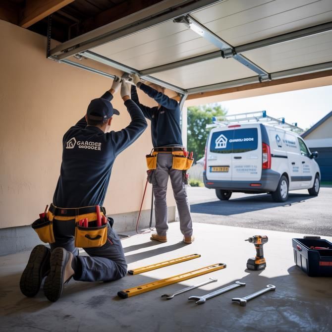 Two men installing a garage door, tools on the floor, white van in the driveway.