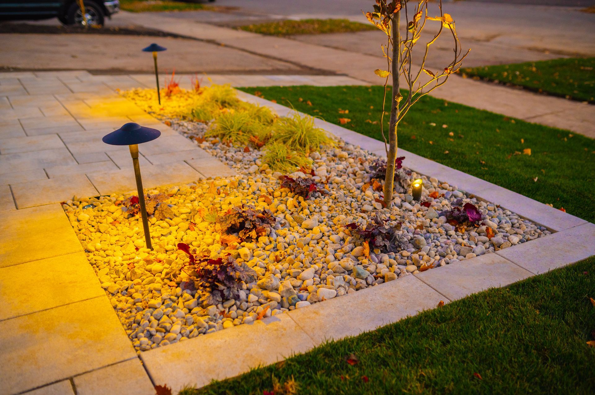 A garden with rocks , plants and lights on a sidewalk.
