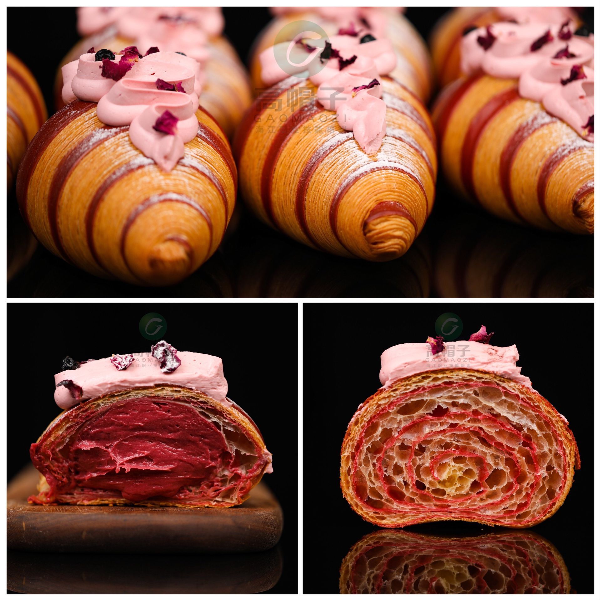 Un tas de croissants avec du glaçage rose et des fleurs dessus