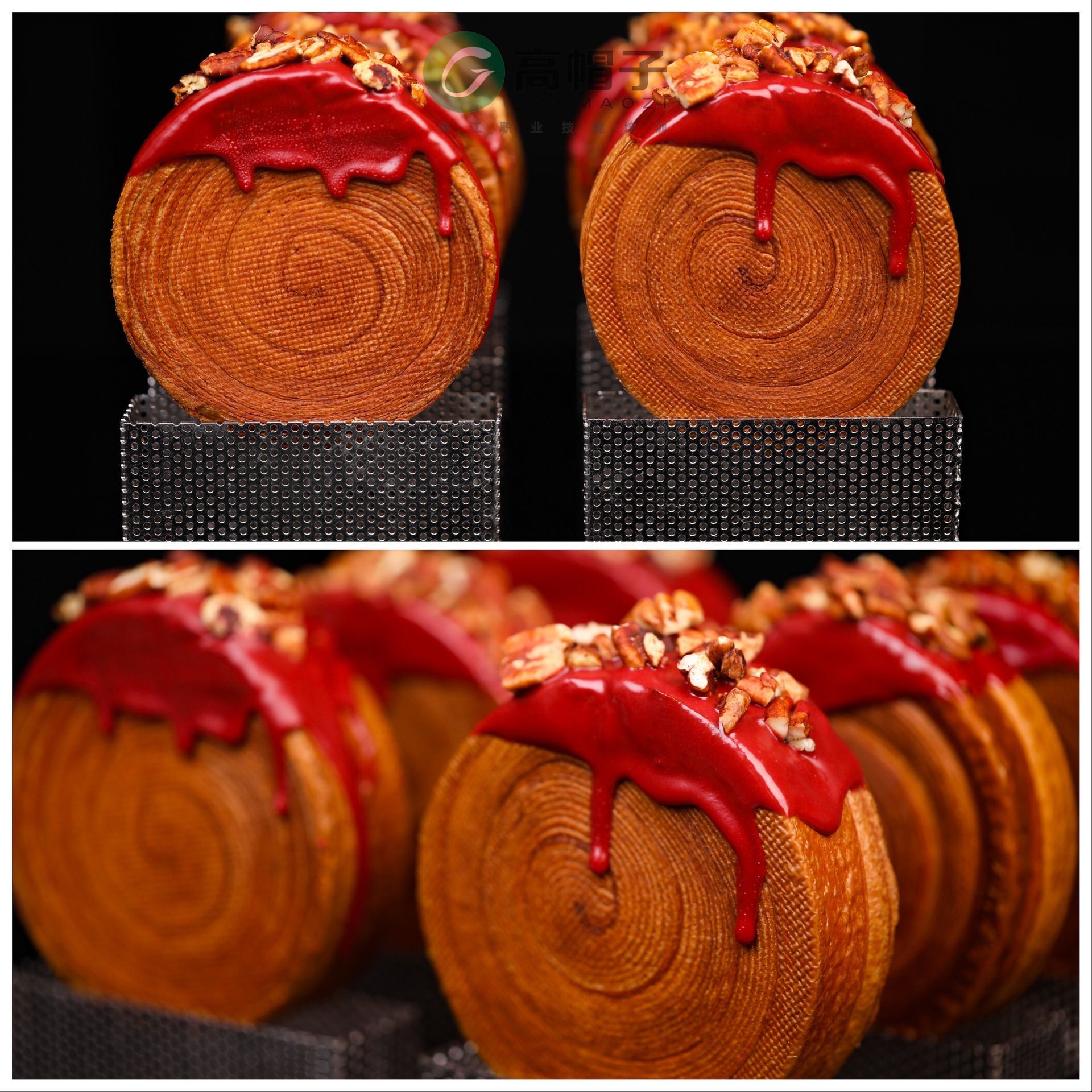 Un tas de gâteaux avec du glaçage rouge dessus