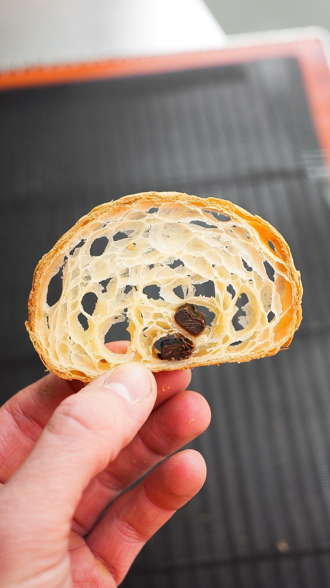 Une personne tient un morceau de pain avec des raisins secs dans sa main.