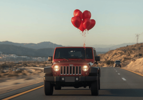 Red Jeep driving on a desert road with heart balloons tied to the roof.