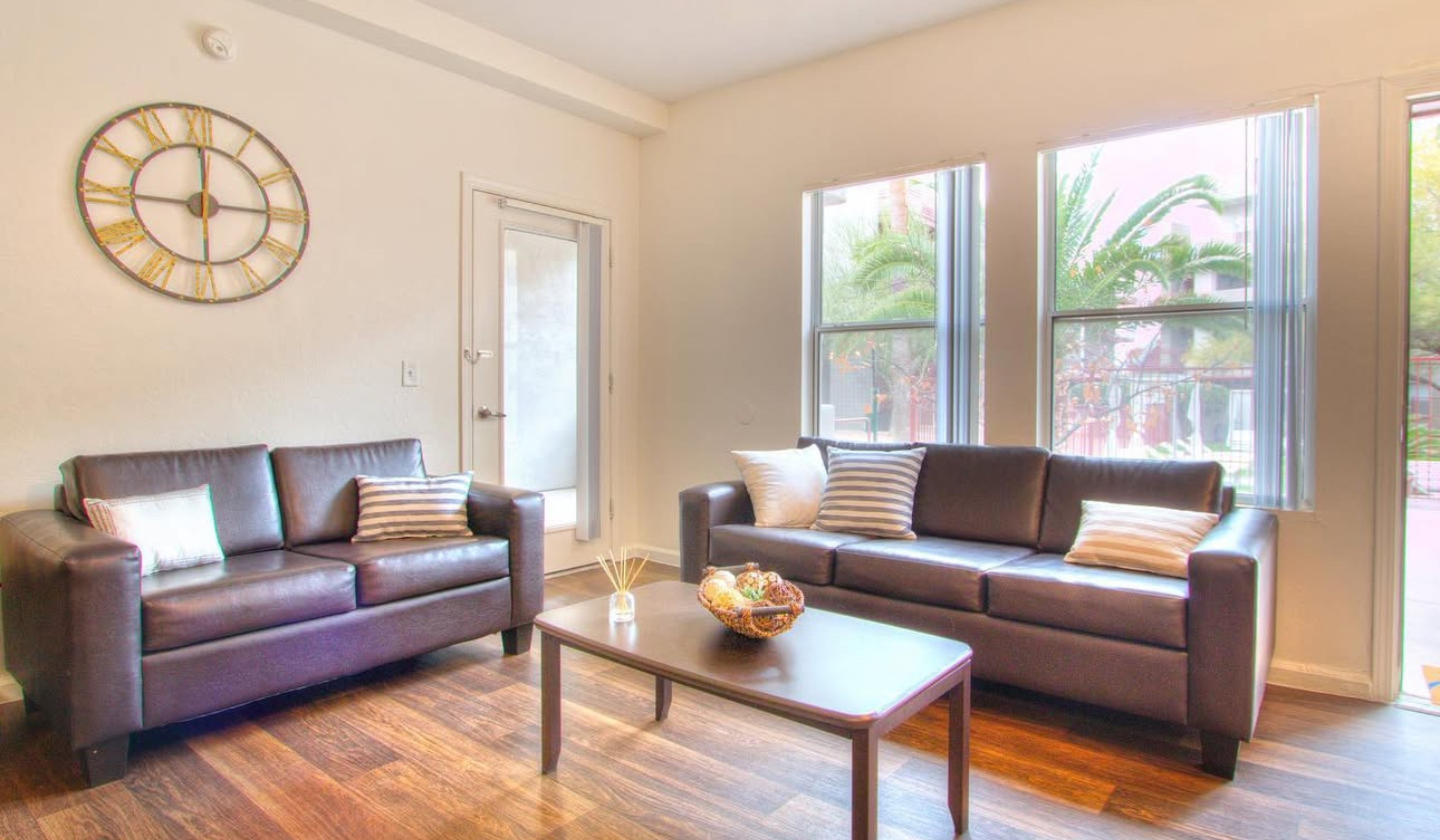 Fully furnished living room in The Seasons' apartments.