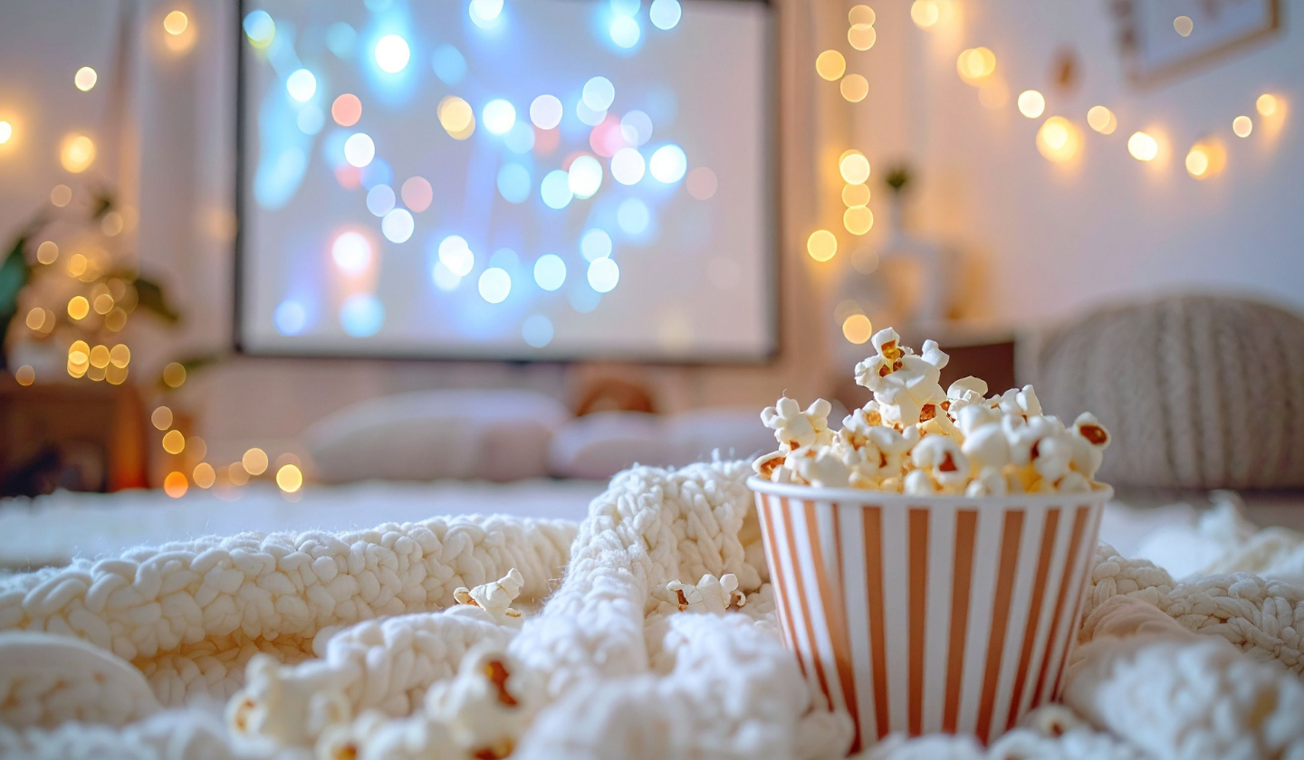 A living room set up for movie night with a projector, blanket, and popcorn.