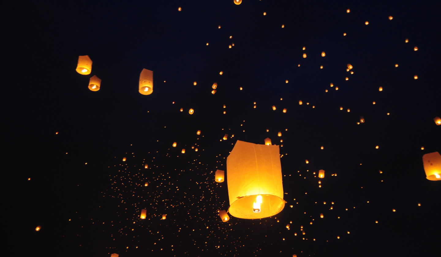 Lanterns floating in the night sky during the lantern festival.