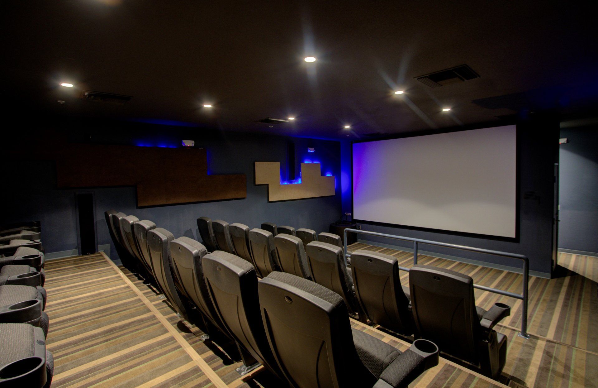 A large screen, plush seating, and stylish blue-green striped carpeting.