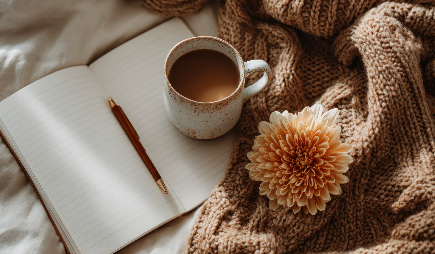 A gratitude journal, pen, and mug of coffee to help students refocus before finals.