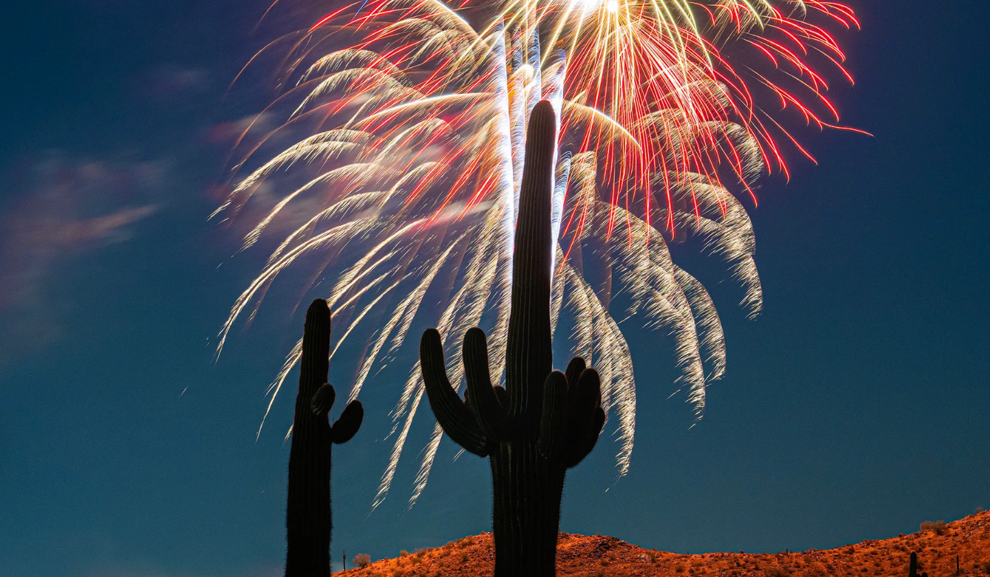 Silhouette of two cacti with fireworks and a mountain range in the background.