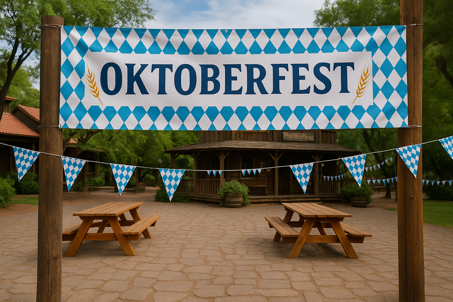 Outdoor Oktoberfest setup with wooden tables, a big banner, and triangle banners.
