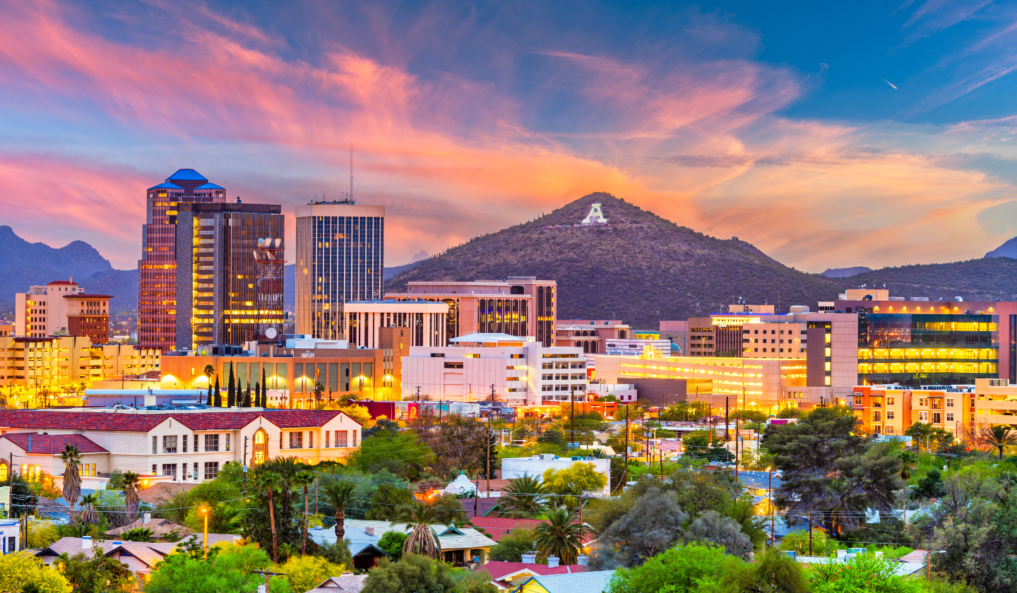 The city skyline framed by A mountain, desert landscapes, and lush greenery.