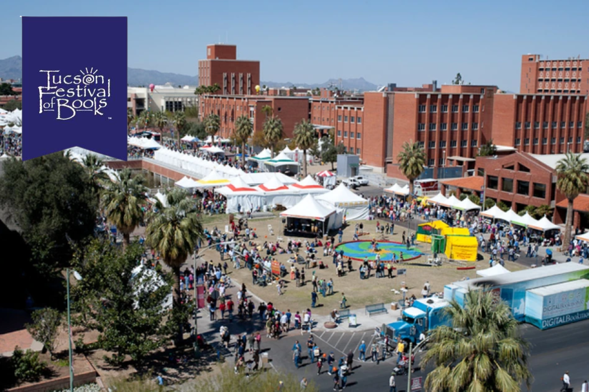 Colorful tents, booths, and crowds at the March Tucson Festival of Books.