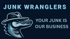 Logo for Junk Wranglers, a junk removal service, featuring an alligator in a fedora.