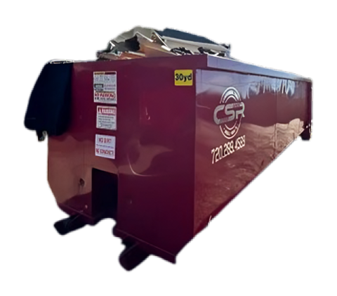 Burgundy dumpster labeled 