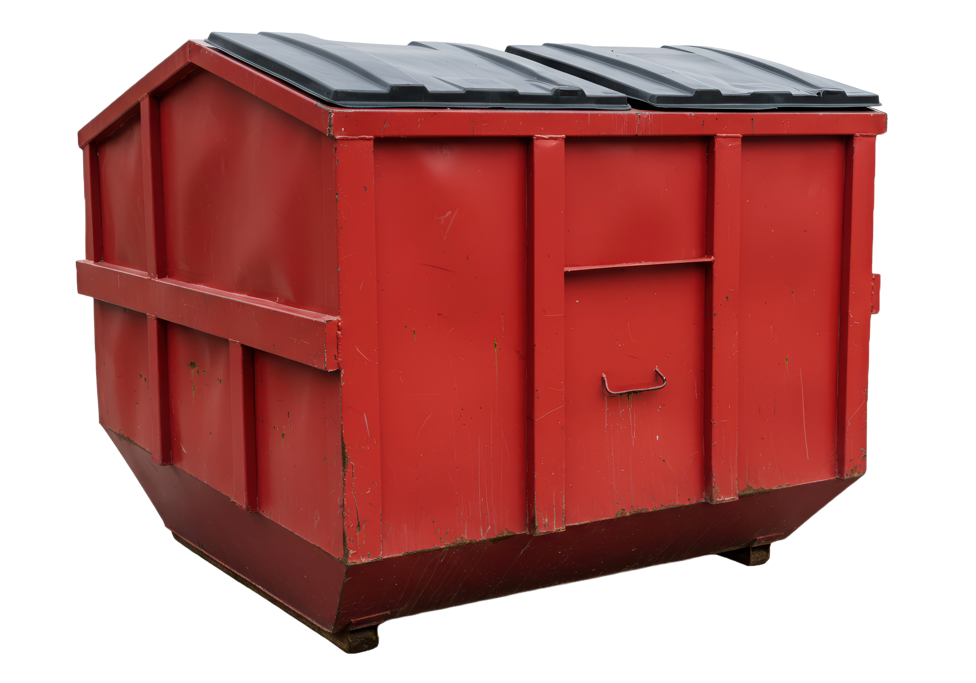 Red dumpster with black lids.