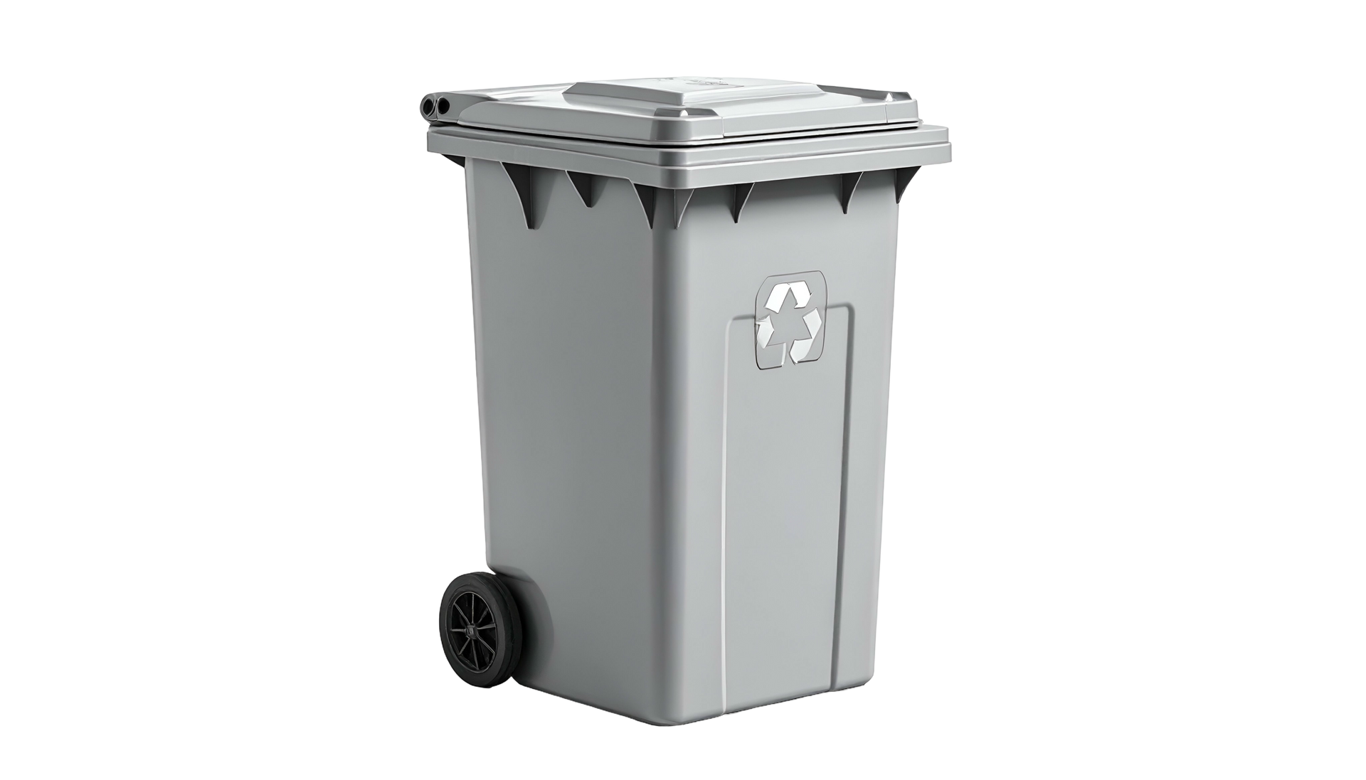 Gray recycling bin with a lid, two wheels, and a recycling symbol.