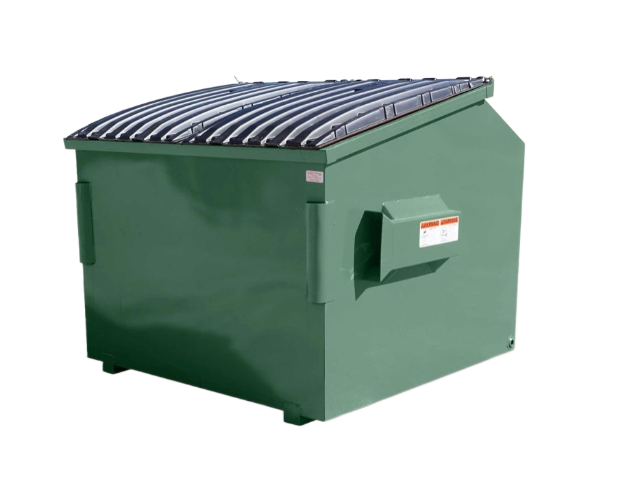 Red dumpster with black lids.