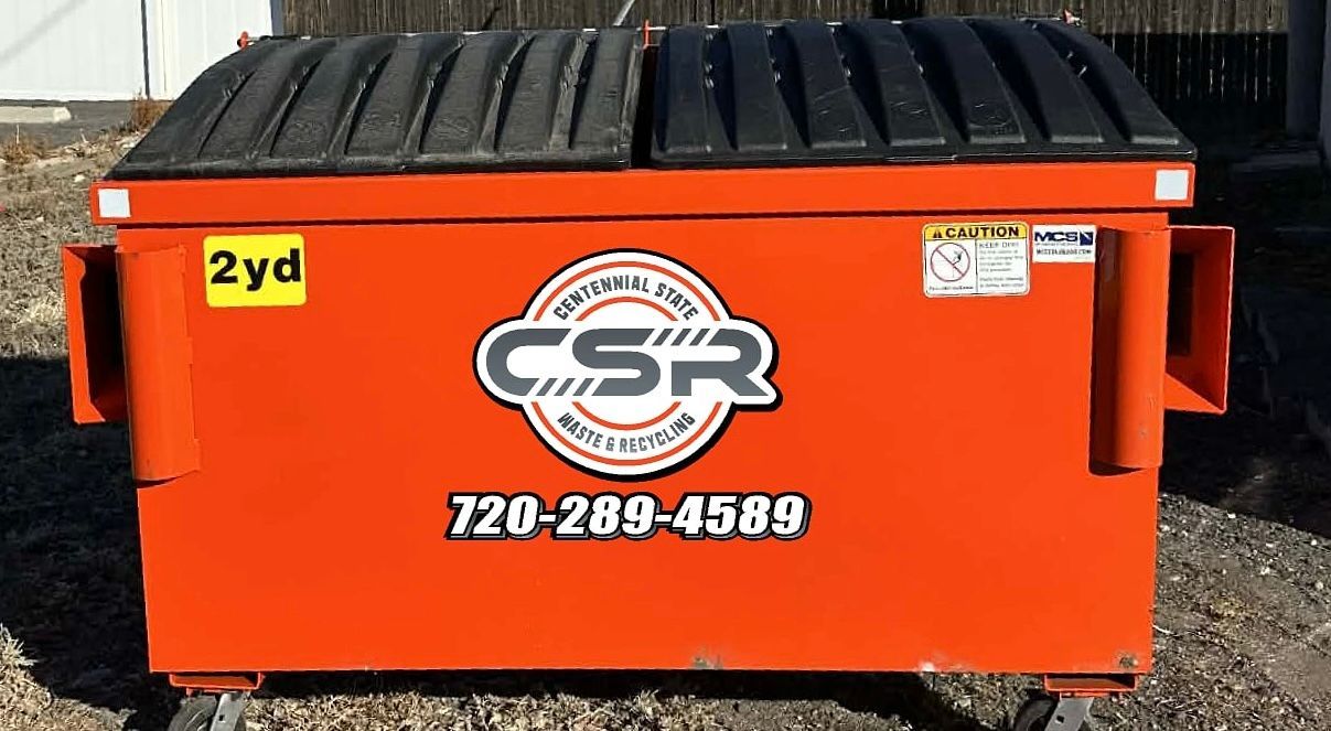 Orange 2-yard dumpster with black lid; logo for 