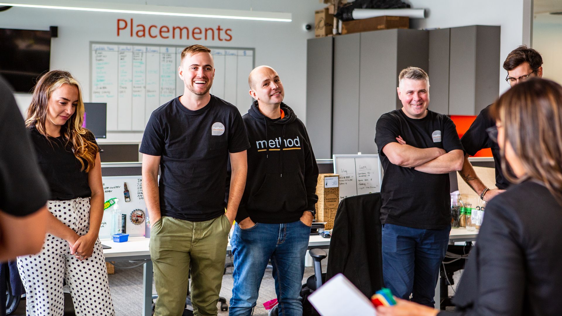 Six people on a rooftop hold orange signs with words: Grow, Passion, Family, Genuine, and Guru. Smiling, sunny day.