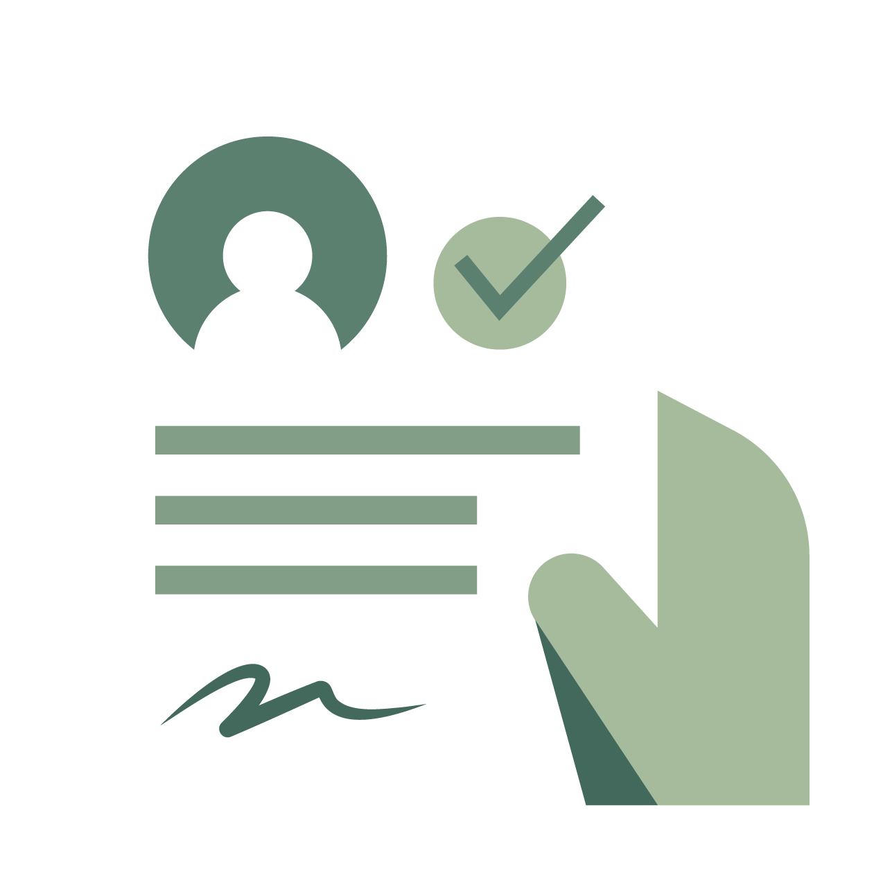 Hand holding a document with a person icon, checkmark, and signature.