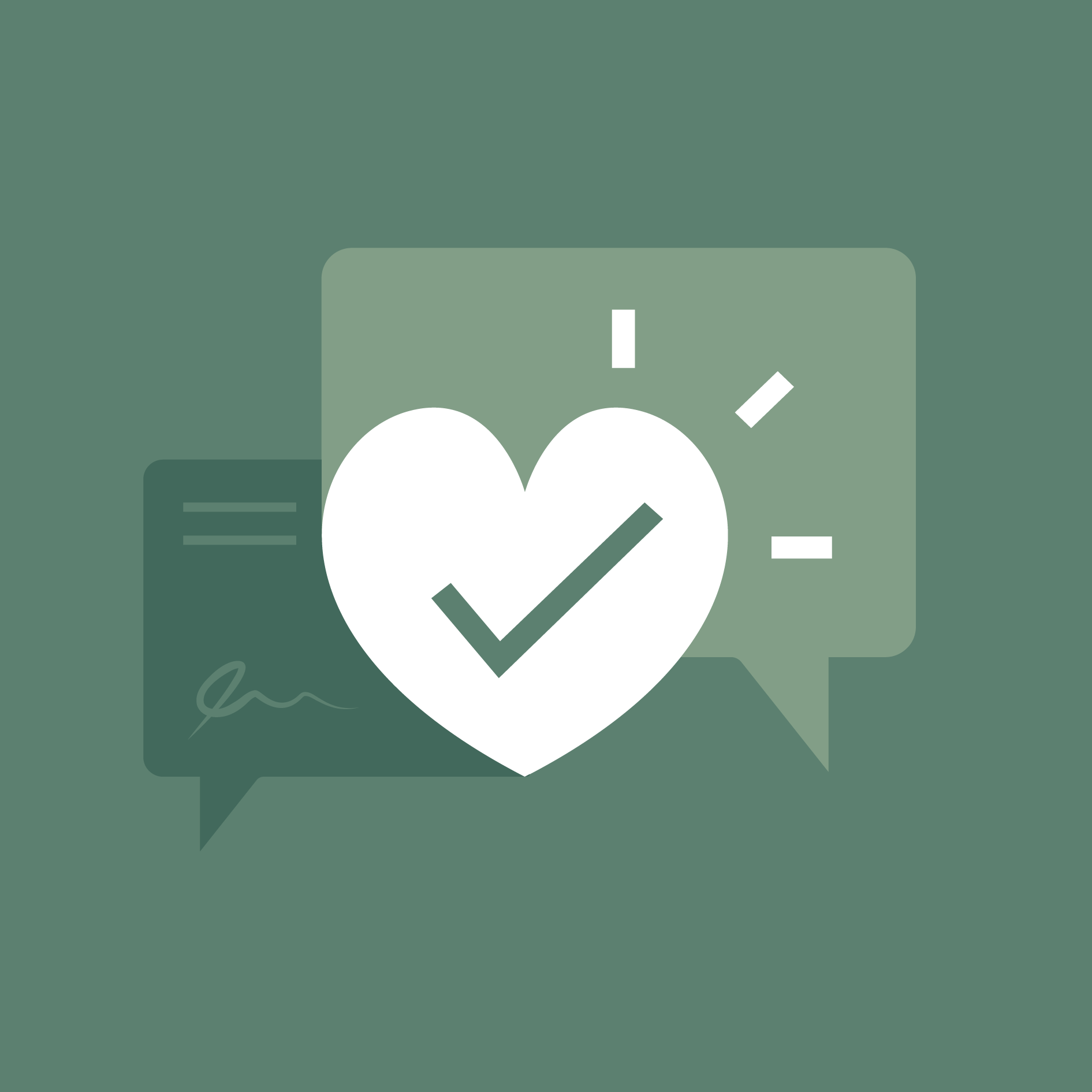 Heart with checkmark in speech bubble, with radiating light, over a second speech bubble.